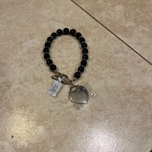 Black Beaded Bracelet with Silver Heart Charm